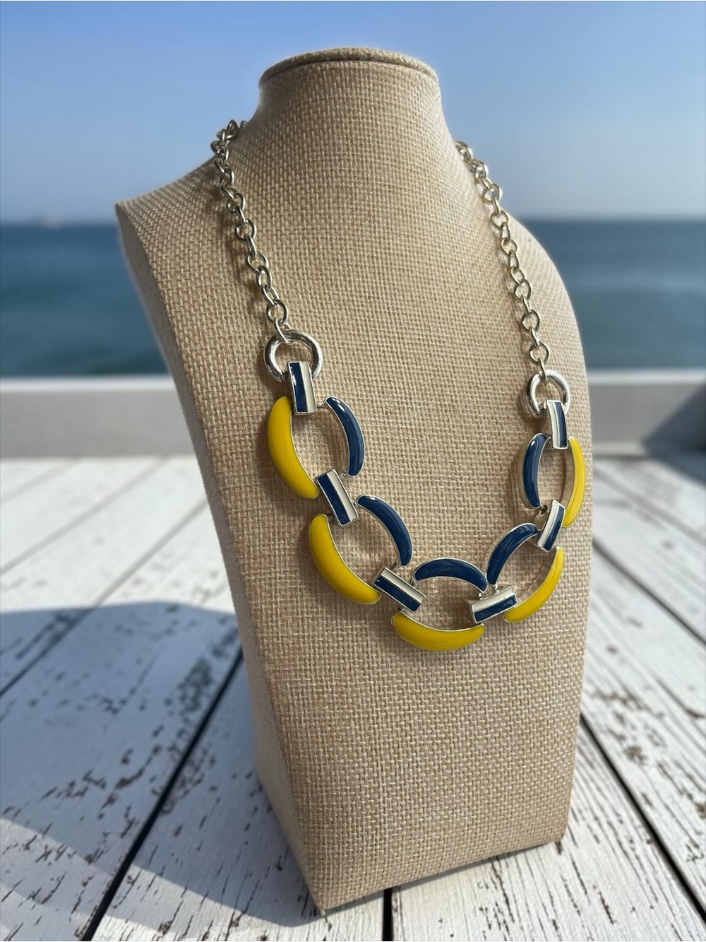 Navy Yellow White Enamel Link Silver Tone Nautical Statement Necklace